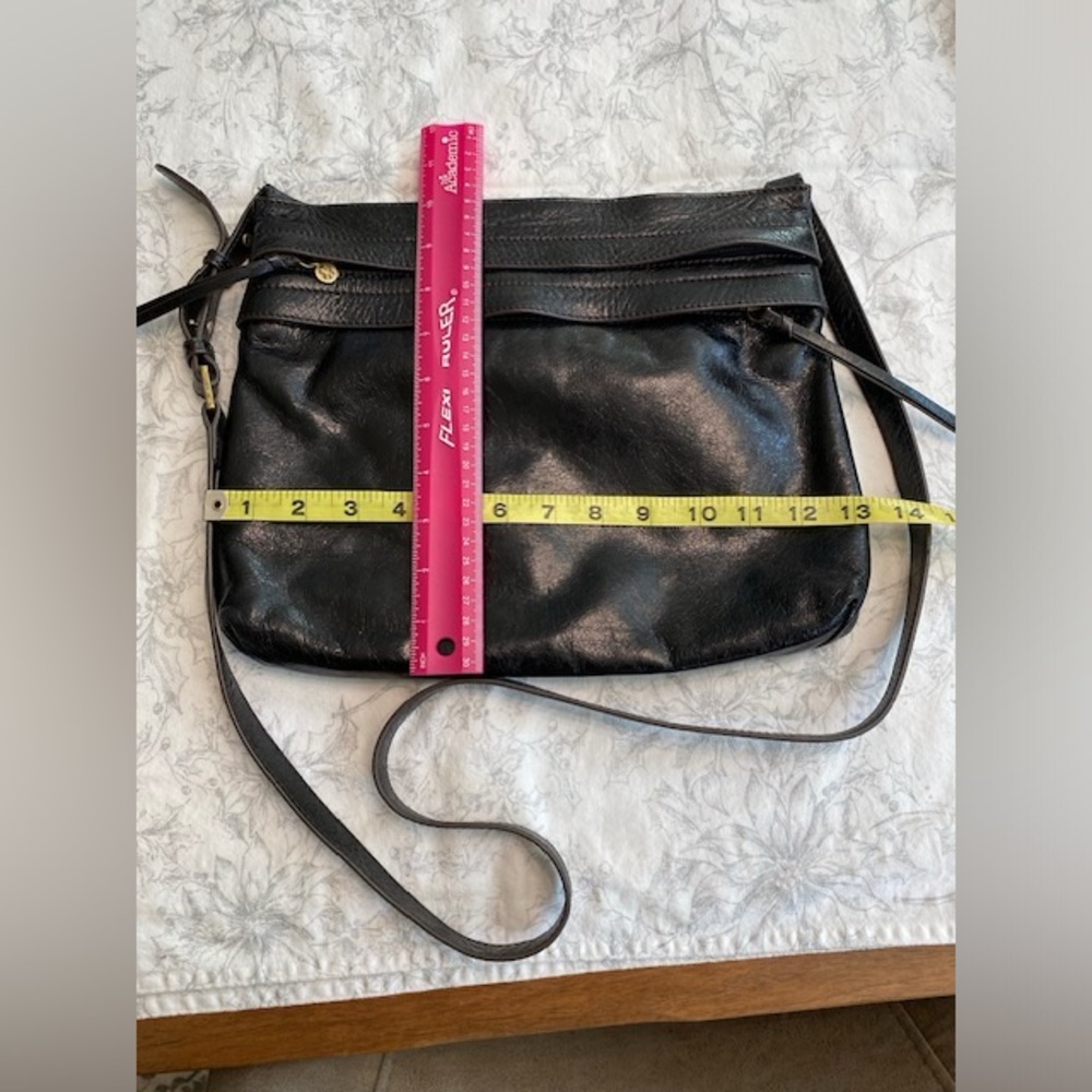 HOBO brand crossbody, black polished leather, 13”x10”
